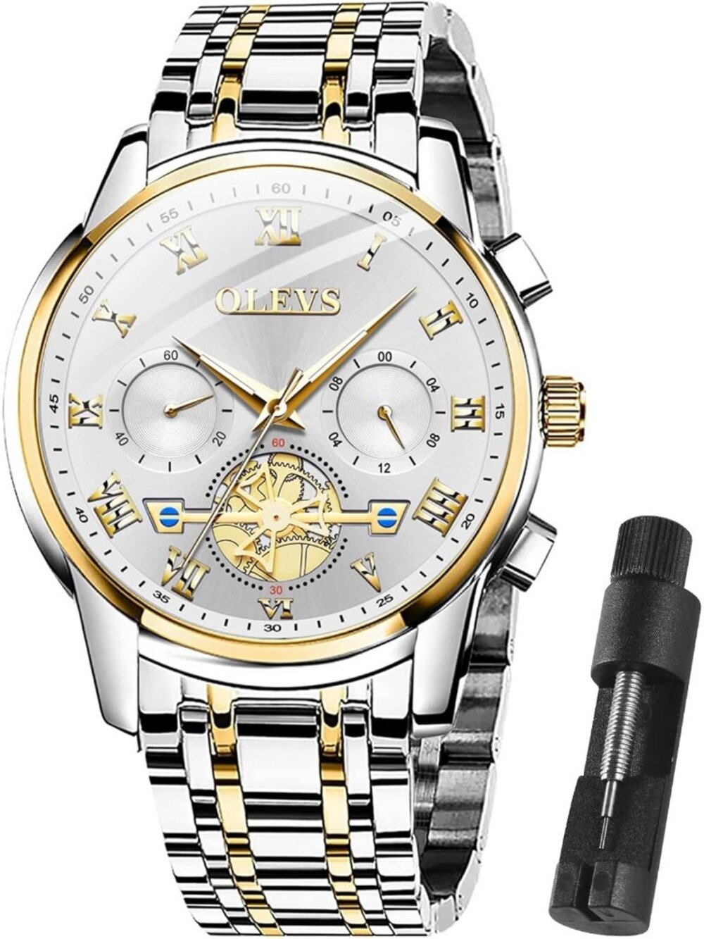Olevs Men's Gold And White Multifunction Waterproof Luminous Chronograph Watch